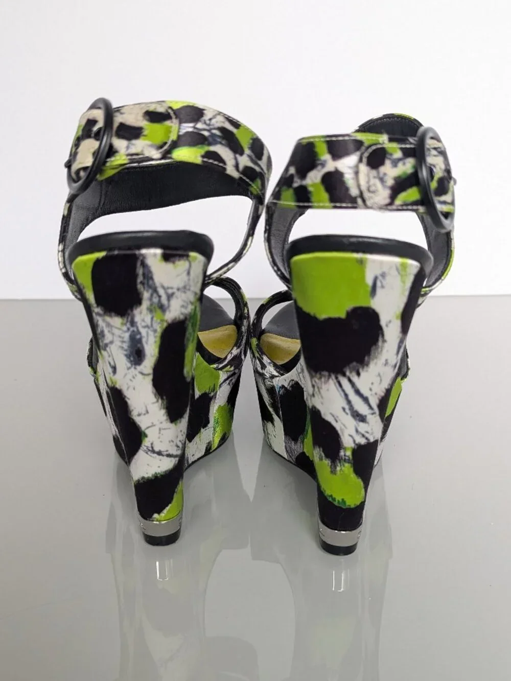 Just Cavalli Y2K Neon Black White Animal Print Open Toe Wedge Heels Size 38